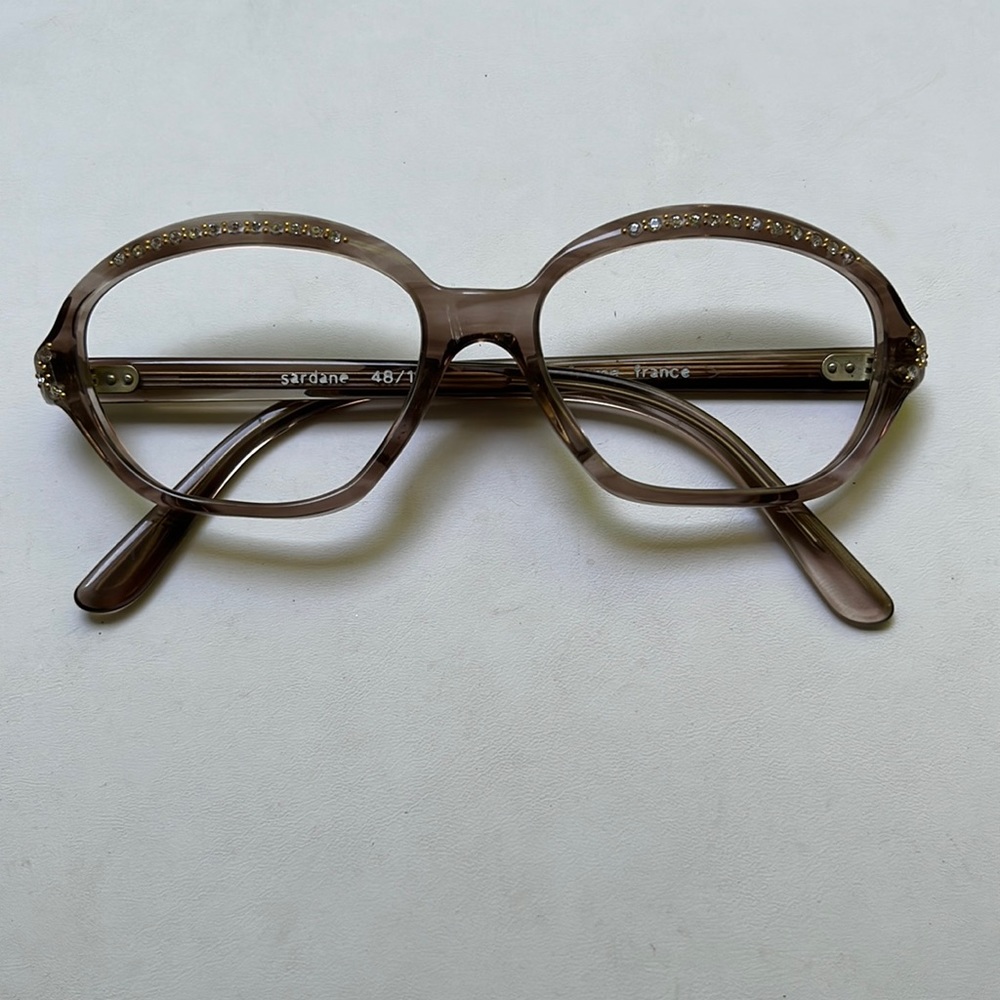 60’s Frame France Women Eyeglasses Translucent Light Brown Rhinestones